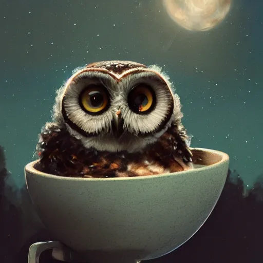 Image similar to long shot of a very cute owl chick nesting in a very futuristic cup, esao andrews, humorous illustration, hyperrealistic, big depth of field, warm colors, night scenery, low light, 3 d octane render, 4 k, conceptart, hyperdetailed, hyperrealistic, trending on artstation