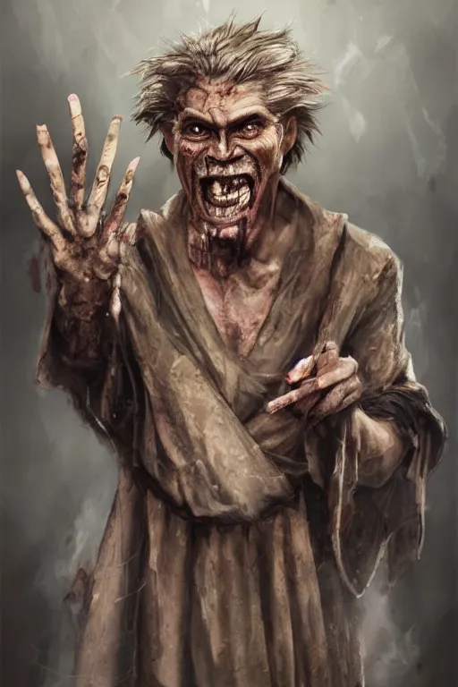 Image similar to A deranged filthy man looking like Wille. Dafoe wearing long dark damaged ripped robes showing a spell scroll, camera looking down upon, long fingernails, unclipped fingernails, sharp fingernails, focus on face, sharp focus, digital painting, trending on artstation, concept art, fantasy, medieval, D&D