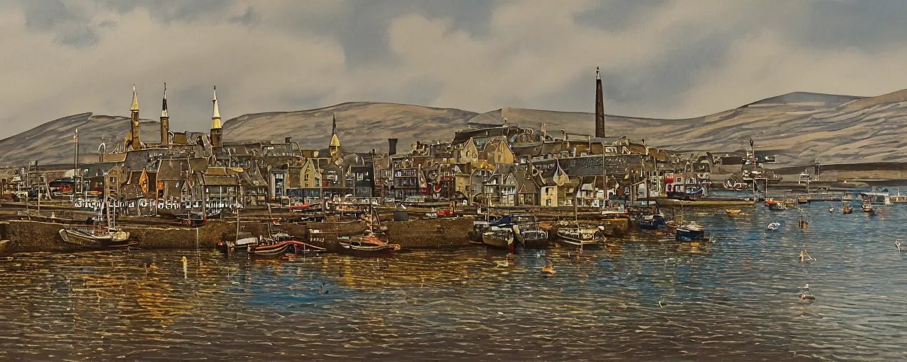 Prompt: a painting of the harbour at Stromness orkney, Steampunk, gold, copper, brass, Victoriana