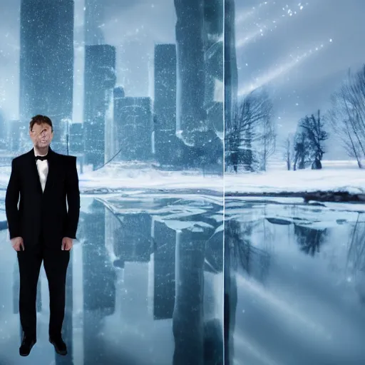 Prompt: full shot photograph of a man wearing a suit made of mirrors on a frozen lake, photorealistic photograph cinematic lighting intricate detailed 8 k resolution