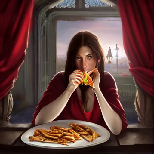 Image similar to portrait of a brunette skinny irish woman with blu eyes eating kebab, light stubble with red shirt inside victorian mansion ,digital art,photorealistoc,art by greg rutkowski,hyperdetailed,western comic style,comic,comic style,sharp lineart,professional lighting,deviantart,artstation,trevor henderson,rossdtaws,cinematic,dramatic