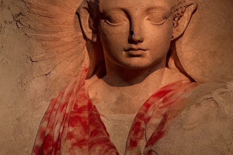 Image similar to a cinematic view of a ornated holy marble sphinx statue using an old red silk veil made by hedi xandt, chris haas and bernini, realistic, macabre art, detailed image, photorealistic, volummetric light