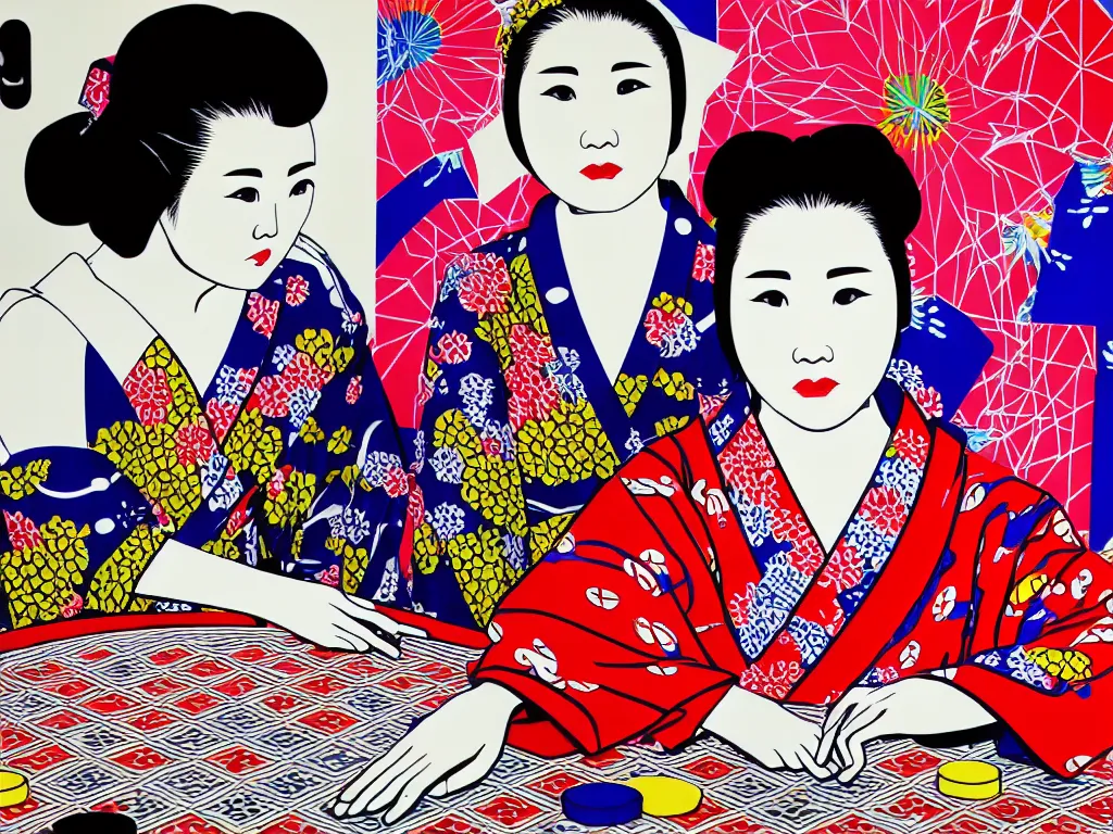 Image similar to hyperrealism composition of the detailed single woman in a japanese kimono sitting at an extremely detailed poker table with stormtrooper, fireworks, river on the background, pop - art style, jacky tsai style, andy warhol style, acrylic on canvas