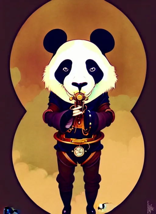 Image similar to don bluth, loish, artgerm, joshua middleton, steampunk, clockpunk anthropomorphic panda, full sailor suit, symmetrical eyes symmetrical face, colorful animation forest background