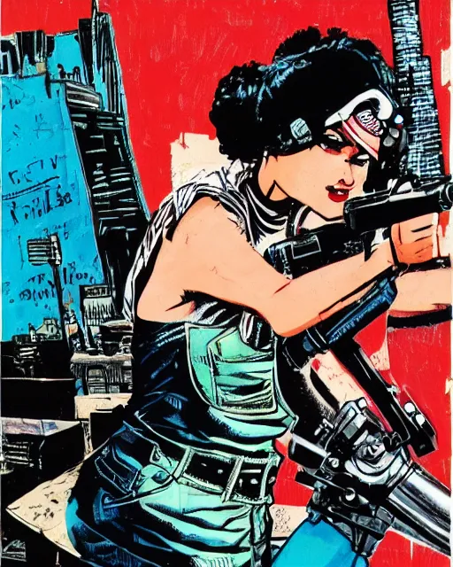 Image similar to punk girl pointing gun, city street, frank miller