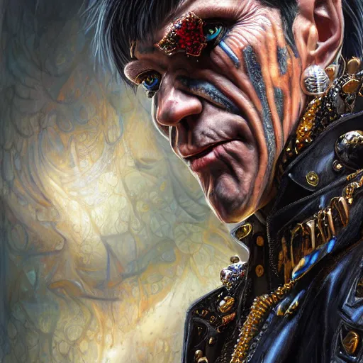 Prompt: a portrait of Murdoc Niccals from Gorlliaz wearing a cool jacket with gems imbedded into it by alex gray and android jones , Karol Bak, Ayami Kojima, Amano , concept art, character design, fantasy,3D, 8k resolution