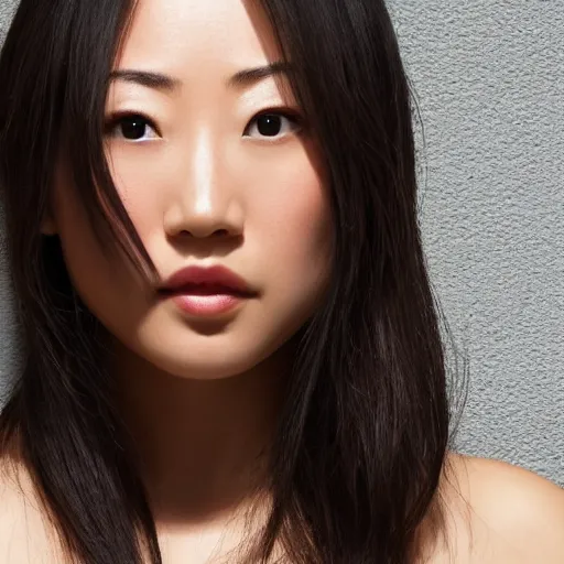 Image similar to beautiful portrait karen fukuhara bald neutral expression face straight on headshot even lighting