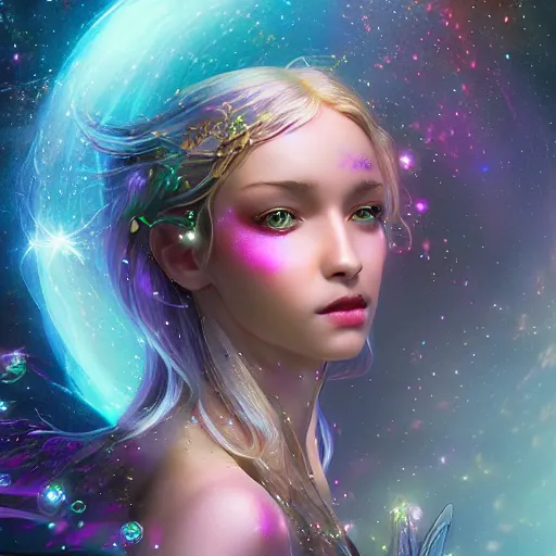 Prompt: portrait of a magical fairy made of galaxies, highly detailed, realistic, octane render, comic book art, space travel, unreal engine, sharp focus, cinematic