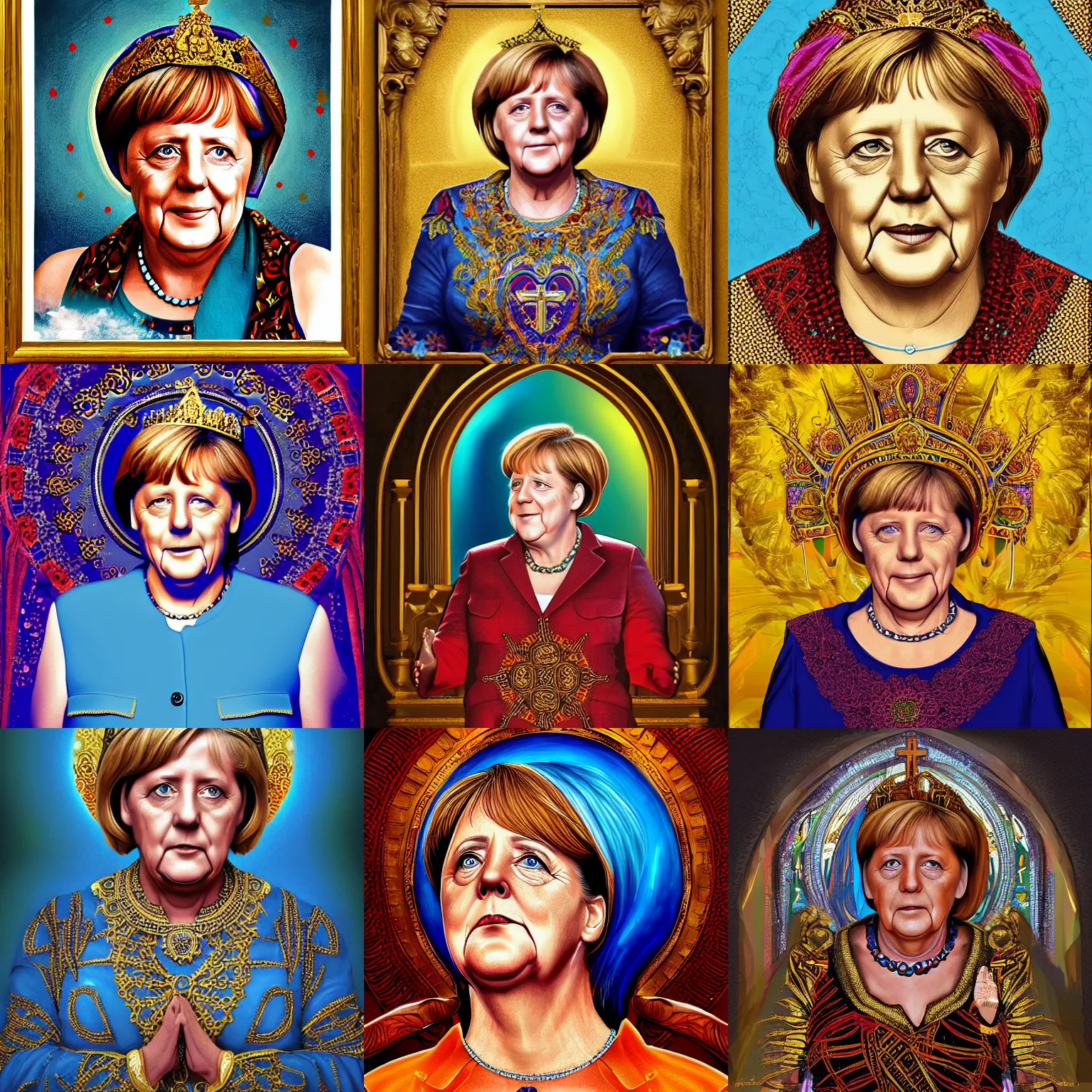 Prompt: Angela Merkel as a godess. Church Style, portrait, masterpiece, trending on artstation, fine detail, full of color, intricate detail, Golden Ratio illustration