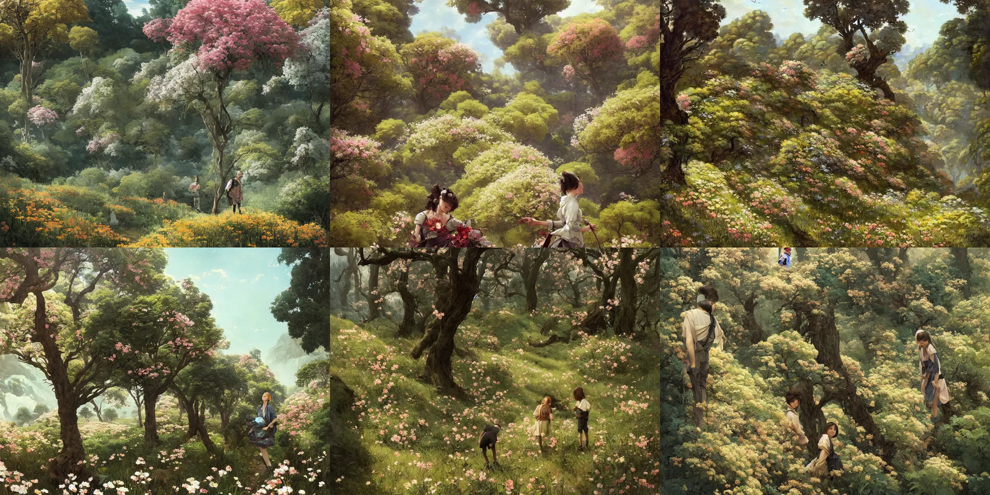 Prompt: a valley with trees in flower. wind blowing petals. noon. full - length, oil painting in a modern style, very detailed, painted by caravaggio, greg rutkowski, sachin teng, thomas kindkade, enki bilal, tony sandoval, norman rockwell, tom bagshaw.