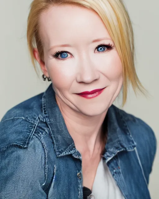 Prompt: headshot of beautiful 2 5 year old actress anne heche, studio lighting, 8 k, photo shoot, 9 inch kershaw soft focus lens f / 5. 6, bokeh