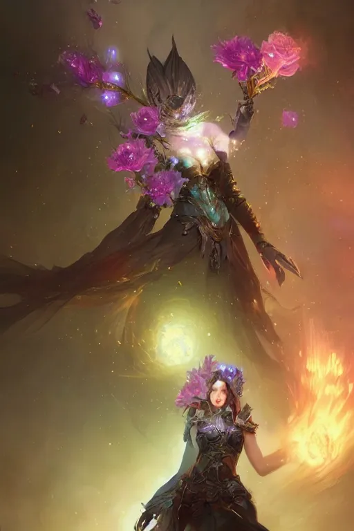 Image similar to beautiful girl necromancer covered with crystals exploding space, 3 d render, hyper realistic detailed portrait, holding magic flowers, ruan jia, wlop. scifi, fantasy, hyper detailed, octane render, concept art, peter mohrbacher