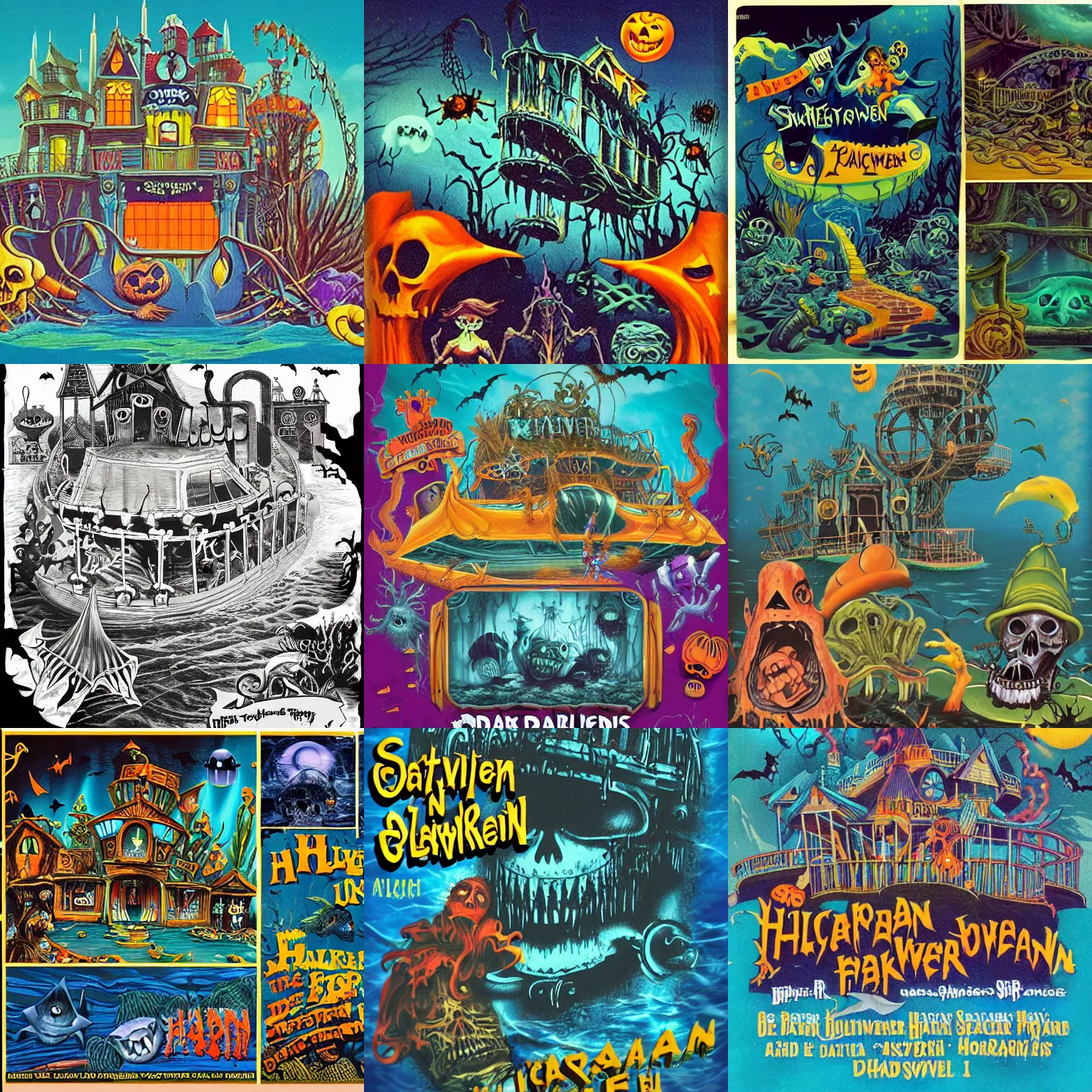 Prompt: a horror based underwater suburban amusement park that incorporates darker halloween and ocean elements in its design imagery and features attractions and houses for an old vhs cover, halloween decorations, atlantis, shipwrecks, spooky, amusement park attractions, deep sea, horror themed, fun, in the style of stephen silver and genndy tartakovsky