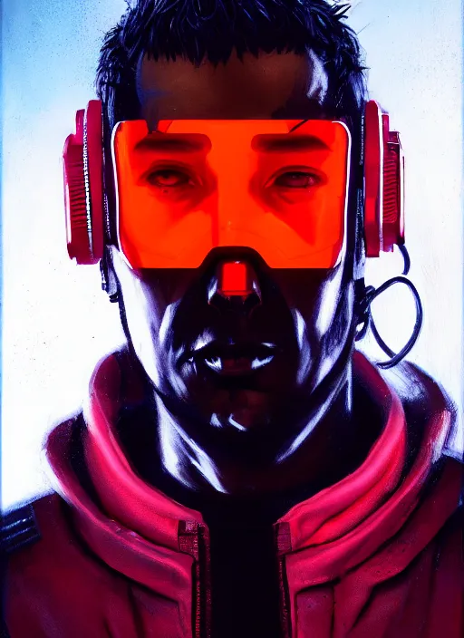 Image similar to cyberpunk character wearing jumpsuit and red jacket and cyberpunk headset. ( blade runner 2 0 4 9, dystopian, cyberpunk 2 0 7 7 character design ). attractive face. portrait by james gurney and laurie greasley, oil on canvas. cinematic, hyper realism, realistic proportions, full view, dramatic lighting, high detail 4 k