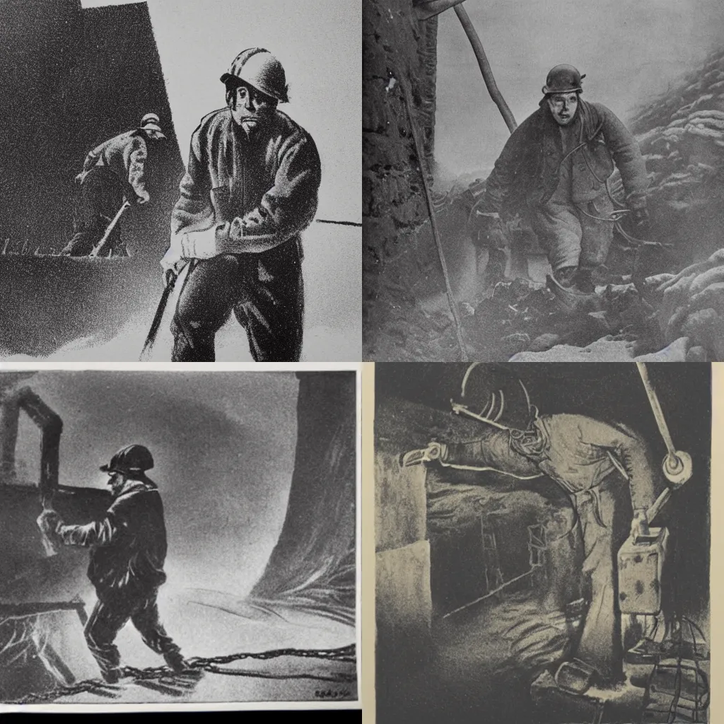 Prompt: a lithograph of a 1920s miner exiting a coal mine in Svalbard