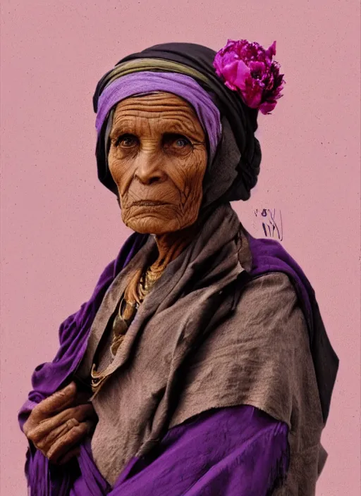 Prompt: portrait of a old woman, tuareg, nomads, many peonies, vultures, dark background, purple colour scheme, full length, masterpiece, dark background, art by caravaggio, artstation