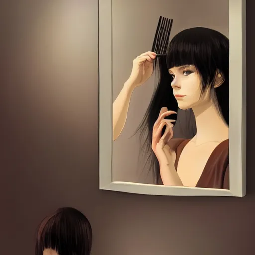 Image similar to a beautiful muse captivatingly dreaming and brushing her hair in front of a mirror made of dread and myths in style of Ilya Kuvshinov