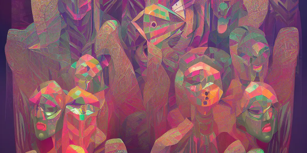 Image similar to breathtaking detailed concept art painting kaleidoscope art deco pattern of galaghar faces amalgamation, by hsiao - ron cheng, bizarre compositions, exquisite detail, extremely moody lighting, 8 k