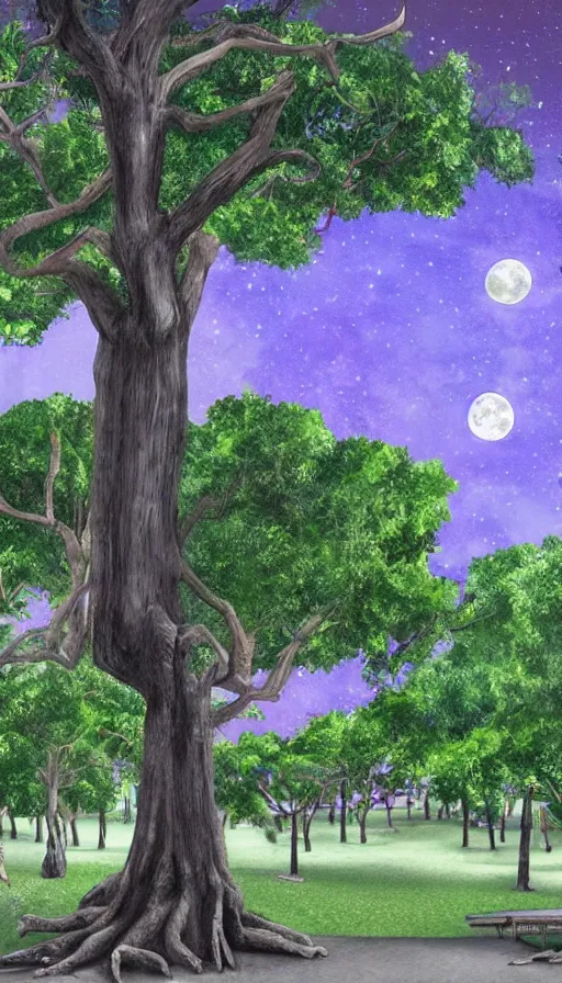 Image similar to a city park in Merida Yucatan Mexico with Ceiba trees and a full moon. fantasy illustration