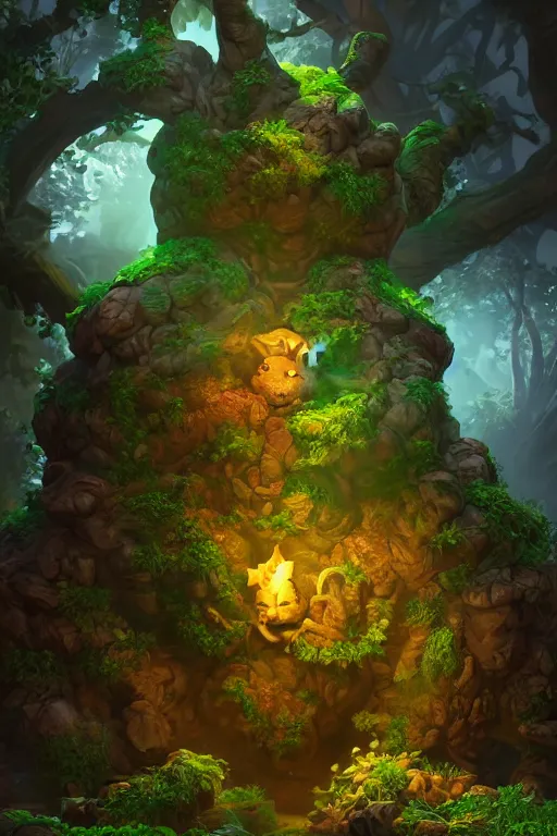 Image similar to arcane fantasy art giant golem elemental wood rock bastion forged gemstone enchanted forest troll, global illumination ray tracing hdr fanart arstation by sung choi and eric pfeiffer and gabriel garza and casper konefal lisa frank zbrush central hardmesh radiating a glowing aura