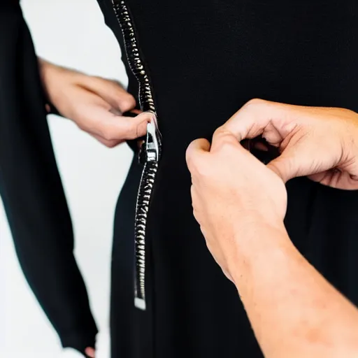 Prompt: a close up on a zipper ripping a black dress