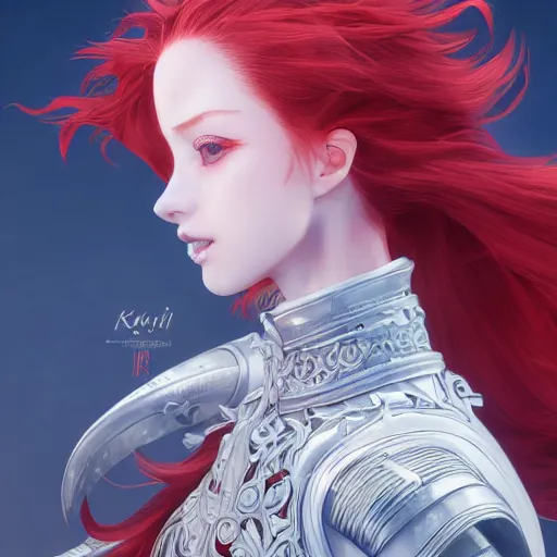 Prompt: a red haired female knight as an absurdly beautiful, elegant, young sensual anime girl, blue background, ultrafine hyperrealistic detailed face illustration by kim jung gi, irakli nadar, intricate linework, sharp focus, bright colors, matte, octopath traveler, final fantasy, unreal engine highly rendered, global illumination, radiant light, intricate environment