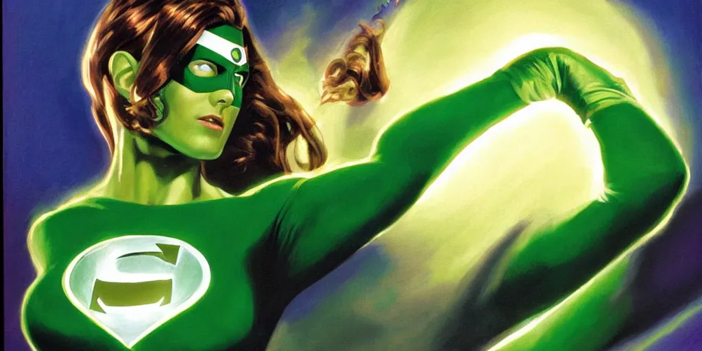 Prompt: Female portrait of Green Lantern in the morning sun, Alex Ross, oil painting