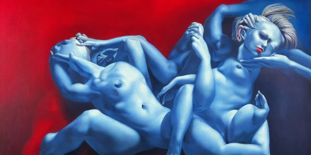 Image similar to only with blue, ney motogrosso in love with a red ocelot, too many hands in all directions, in hoc signo vinces, waterfall, in the style of leonora carrington, gottfried helnwein, intricate composition, blue light by caravaggio, insanely quality, highly detailed, masterpiece, red light, artstation