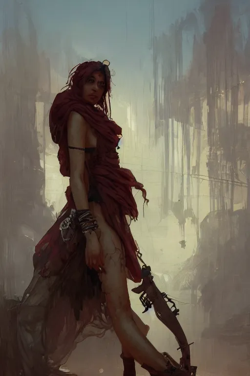 Image similar to a full body portrait of a beautiful post apocalyptic offworld criminal district bedouin blind pulp fiction scarlet wild rogue barbarian leper begging by the roadside, intricate, elegant, highly detailed, digital painting, artstation, concept art, smooth, sharp focus, illustration, art by krenz cushart and artem demura and alphonse mucha