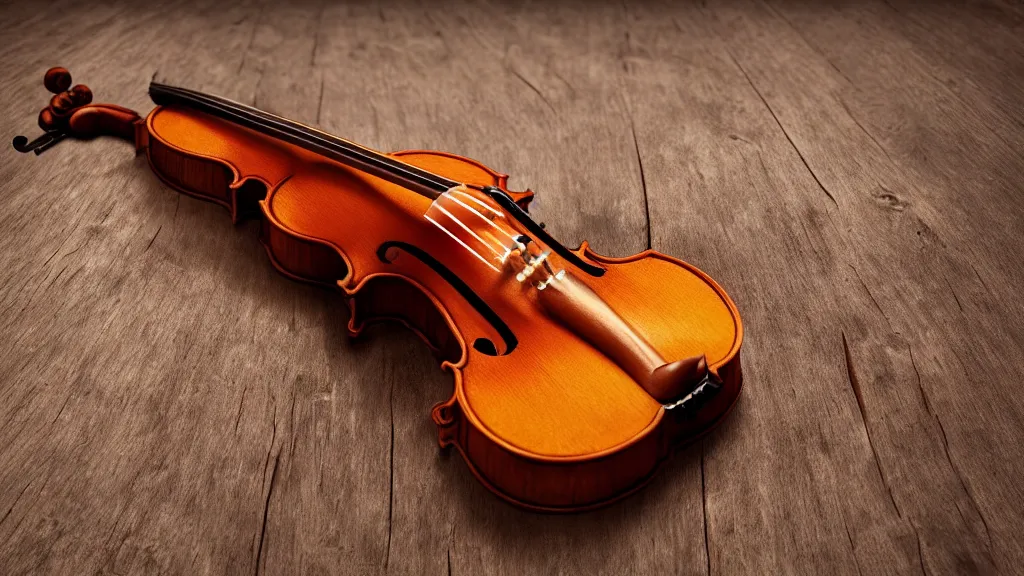 Prompt: a violin on an ancient wood table, 3/4 view, beautifull reflexions, detailed, photorealistic, octane render