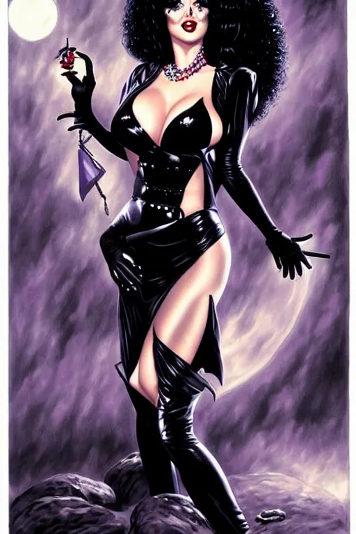 Prompt: a ( beautiful masterpiece highly detailed ) full body portrait illustration of intimate alluring elvira! mistress of the dark by ralph horsely and artgerm and joe jusko, raven black, pearlescent white