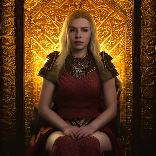 Prompt: the elder scrolls vi, charismatic regal blonde female jarl, portrait, exquisitely designed throne room, atmospheric lighting, painted, intricate, volumetric lighting, beautiful, daytime, slightly sunny weather, sharp focus, deep colours, ultra detailed, by leesha hannigan, ross tran, thierry doizon, kai carpenter, ignacio fernandez rios