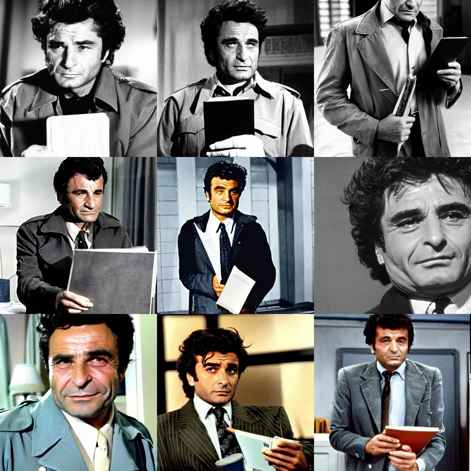Prompt: a young peter falk as police detective columbo in his messy trenchcoat, smirking, holding the death note, 1 9 7 8