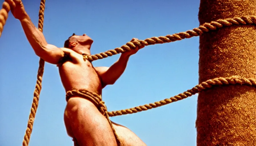 Image similar to 1 9 6 0 s movie still close - up of marcus atilius regulus tied with ropes at a pole with his wide open bleeding eyes looking at the burning sun, cinestill 8 0 0 t 3 5 mm eastmancolor, high quality, heavy grain, high detail, texture, dramatic light, anamorphic, hyperrealistic, detailed hair