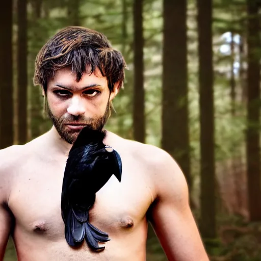 Image similar to !!! chimera consisting of male human and crow, photograph captured in a forest