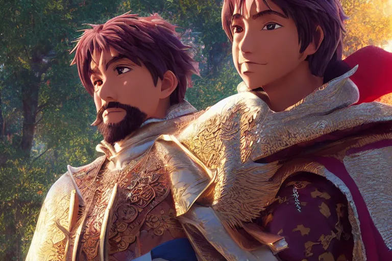 Image similar to a detailed 3 d render of king richard the lionhearted as a shonen anime protagonist, poncho, 1 8 th century south america, octane render, 8 k, volumetric lighting, in the style of disney, art by albert bierstadt and greg rutkowsi