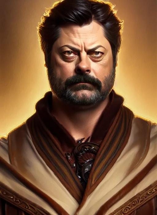 Image similar to portrait of nick offerman, d & d, leather robes, muscular, fantasy, intricate, elegant, highly detailed, digital painting, artstation, concept art, smooth, sharp focus, illustration, art by artgerm and greg rutkowski and alphonse mucha