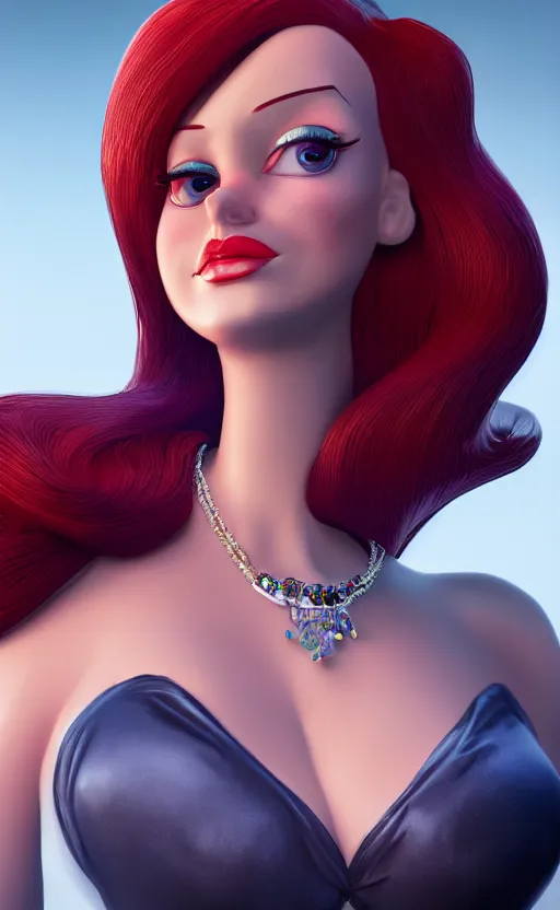 Prompt: jessica rabbit work safe dreamlike with jewelry, character art, hyperdetailed, 8 k realistic, frostbite 3 engine, cryengine, dof, trending on artstation, digital art