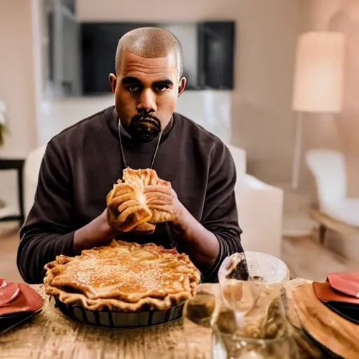 Image similar to bald kanye west eating apple pie on thanksgiving