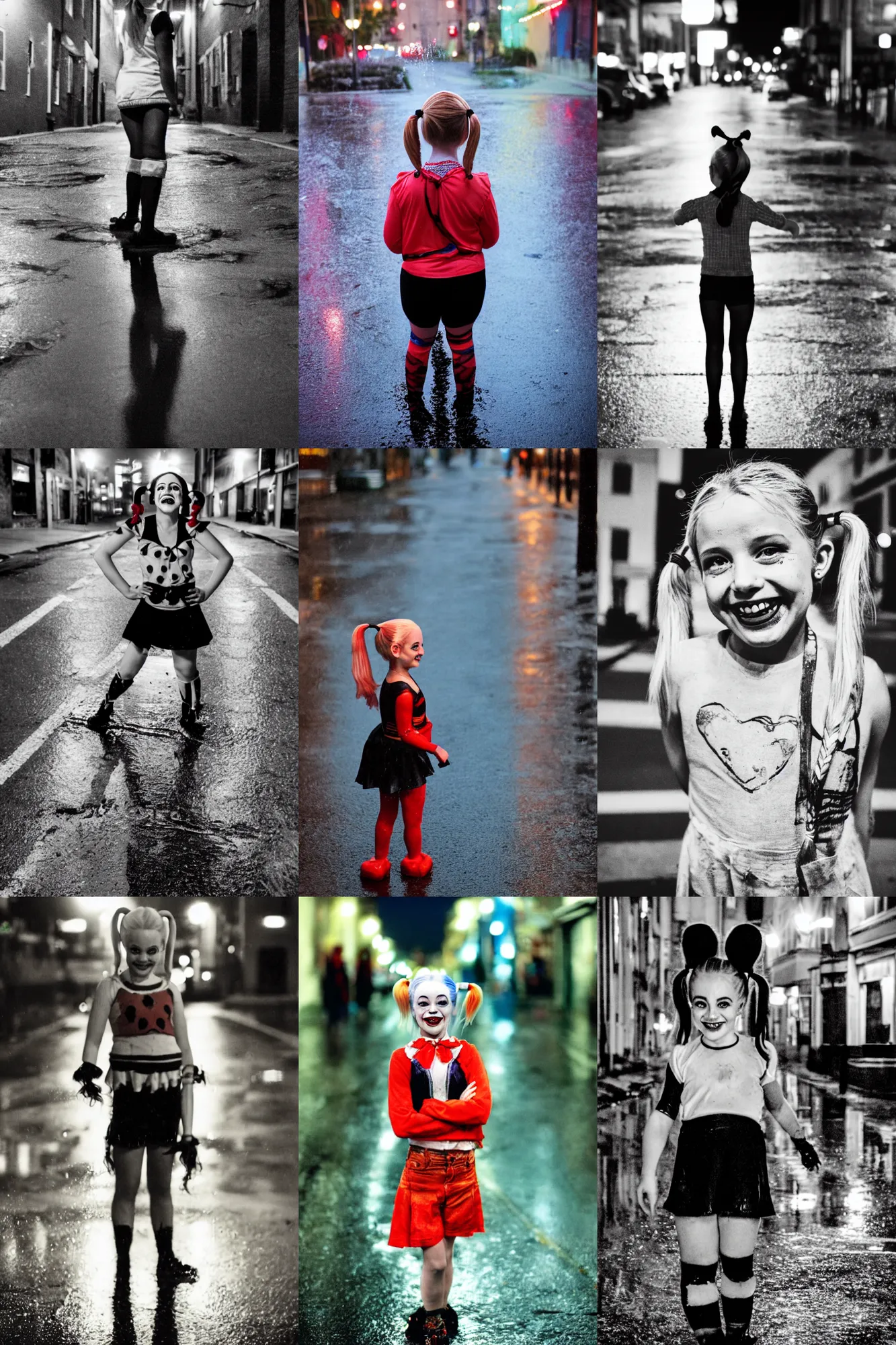 Prompt: Portrait of smiling Harley Quinn with pigtails standing on wet street at night, reflections on street, half figure shot, 50 mm lens