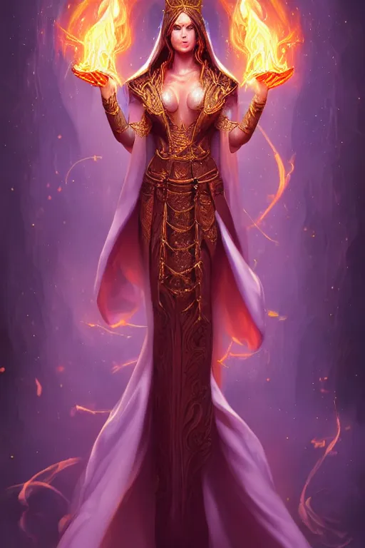 Image similar to mystical, magician, beautiful female!!, silk gold robes, casting fire spells, dramatic, intricate, elegant, majestic, highly detailed, hard focus, digital painting, artstation, smooth, unreal engine