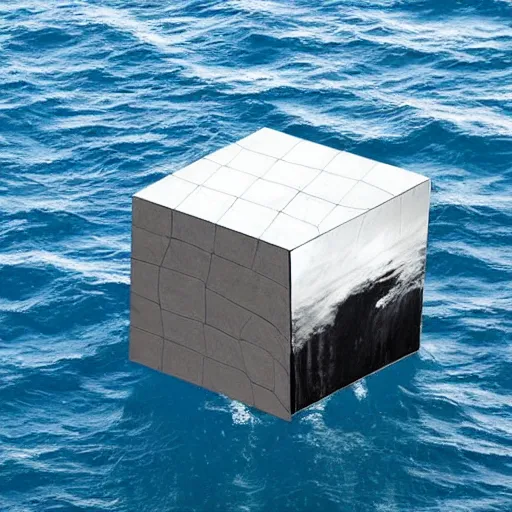 Prompt: a cube in the middle of the sea in the style of Richard Serra