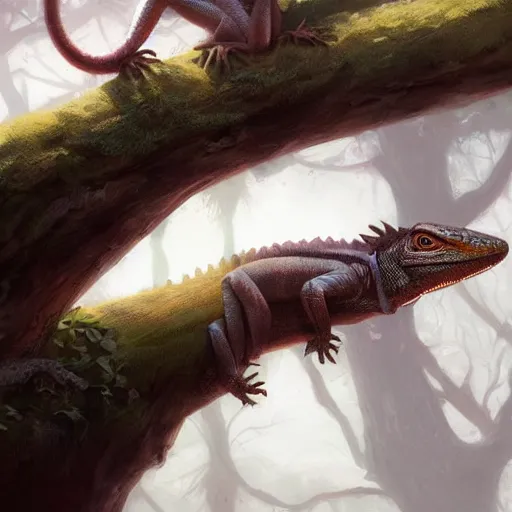 Prompt: lizard resting atop a tree branch, extreme detail, trending on artstation, art by greg rutkowski