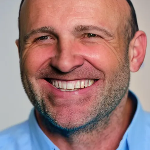 Image similar to color photograph of a balding, middle aged, brown haired, hairy, blue eyed, round faced, short white man dressed in a white shirt, smiling at the camera with perfect, straight white teeth