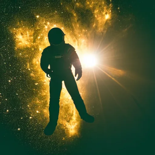 Image similar to photograph of an astronaut against the pitch black darkness of space, full body photo, lit from below, amazing light and shadow contrast,, 8 k