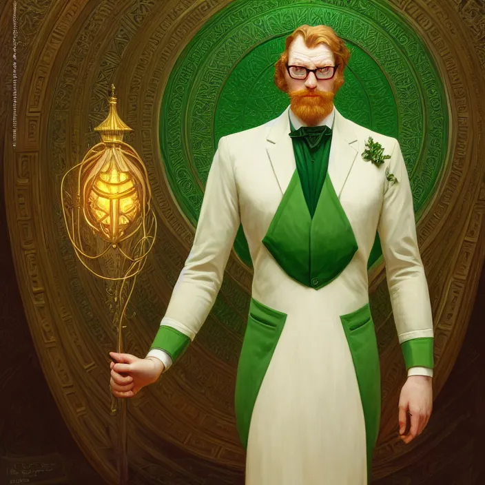 Prompt: symmetry! portrait of a large white ginger man, wearing a green screen suit, wear thick rim glasses, intricate, elegant, highly detailed, digital painting, artstation, concept art, smooth, sharp focus, illustration, art by artgerm and greg rutkowski and alphonse mucha, 8 k