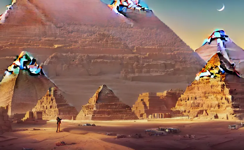 Image similar to highly detailed surreal vfx portrait building the pyramids in egypt, stephen bliss, unreal engine, greg rutkowski, loish, rhads, beeple, makoto shinkai and lois van baarle, ilya kuvshinov, rossdraws, tom bagshaw, global illumination, detailed and intricate environment