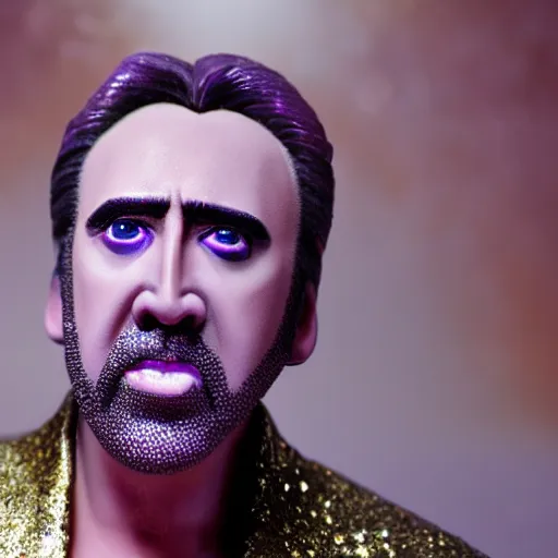 Image similar to Nicolas Cage with silver-violet hair, white eyes and golden glittery dress, wide lens, diorama, 4k,
