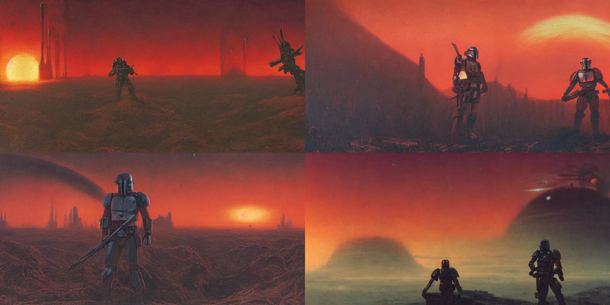 Prompt: close up mid shot of mandalorian with backlight watching nuclear explosion on jupiter wasteland during sunset , panoramic cinematic very sharp oil painting by beksinski