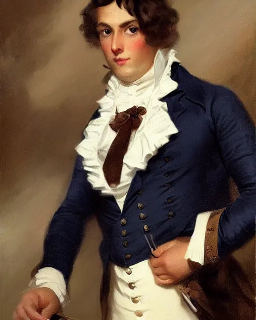 Image similar to cute brown burmese cat with serious expression wearing regency era menswear in navy and white, thomas lawrence, greg rutkowski